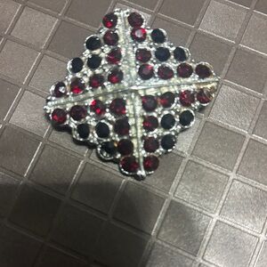 Elegant Silver Brooch with Red and Black Gems